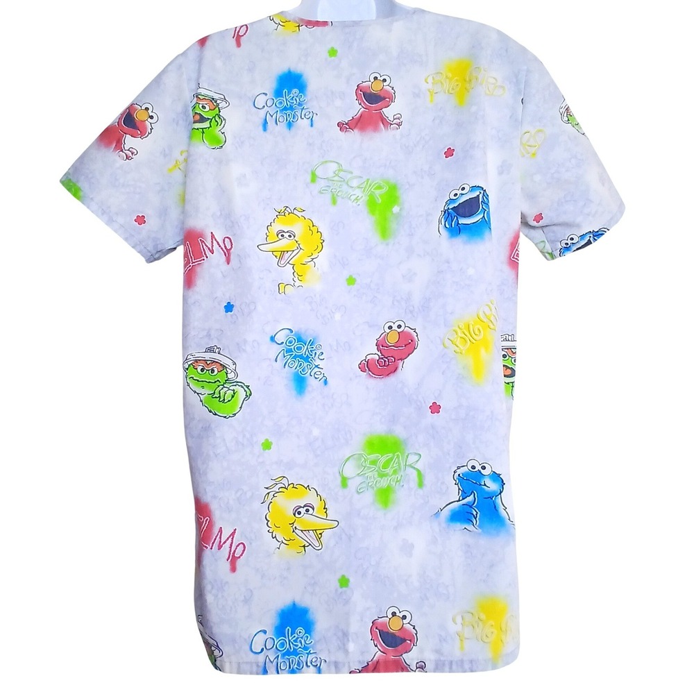 Sesame Street Women S Scrub Top Elmo Cookie Monster Big Bird Kidcore Y2K Medical - Picture 2 of 6